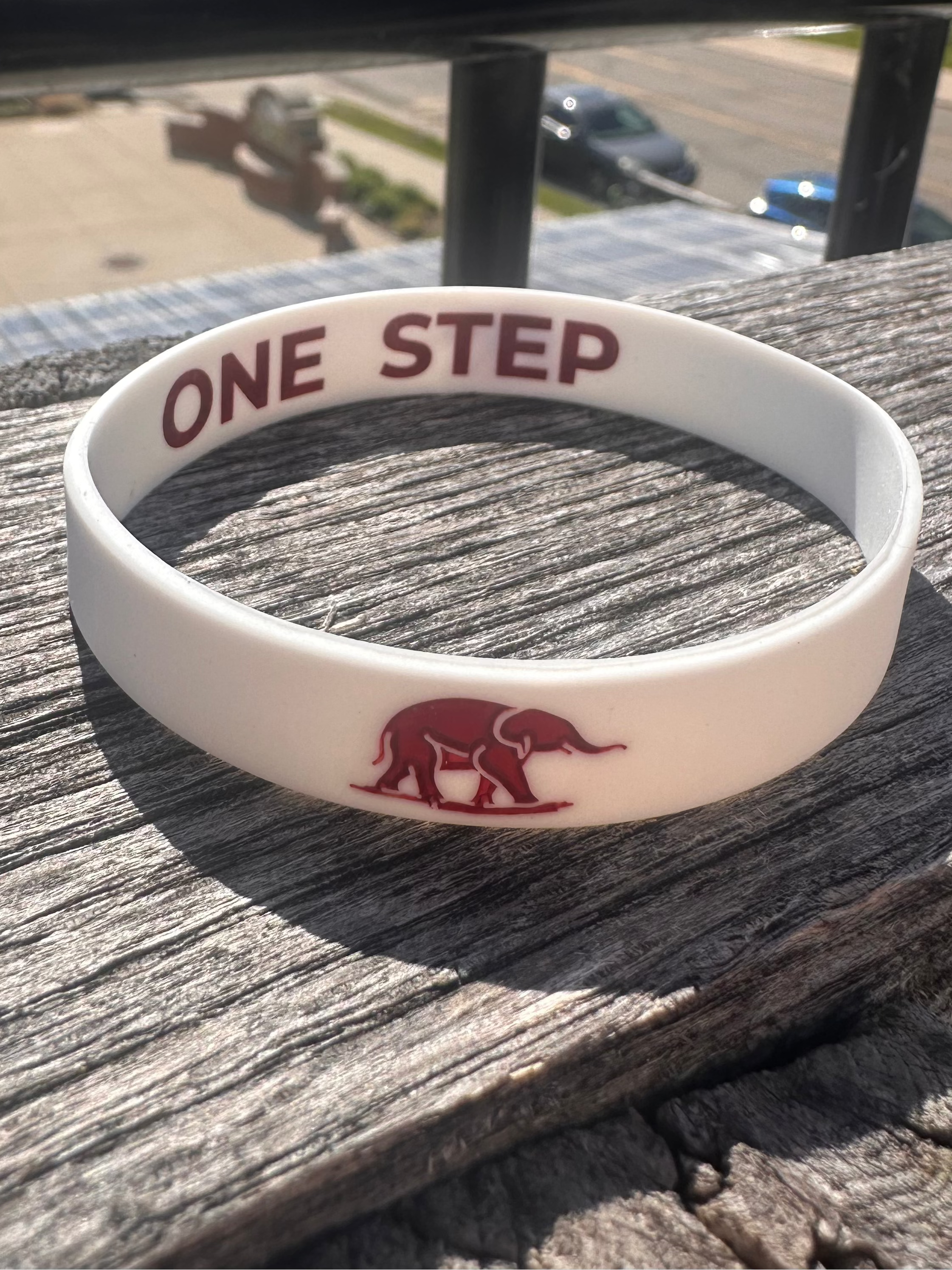 White Elephant Path logo wristband with 'ONE STEP' text reminder inside.